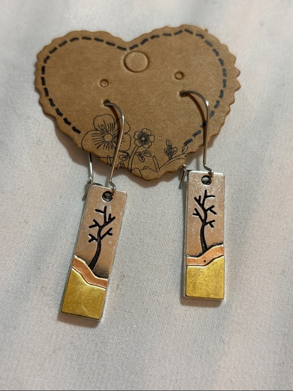 Handcrafted Two-Tone Tree Dangle Earrings - Gold & Silver